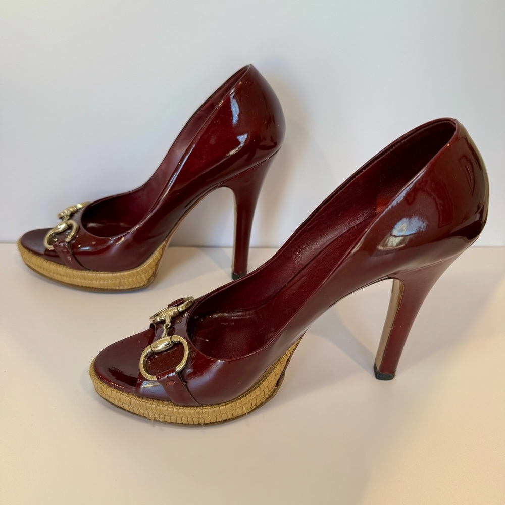 Gucci Burgundy Patent Leather Sandal W Bamboo Platform & Horsebit Accent Sz 8.5 - Picture 8 of 15